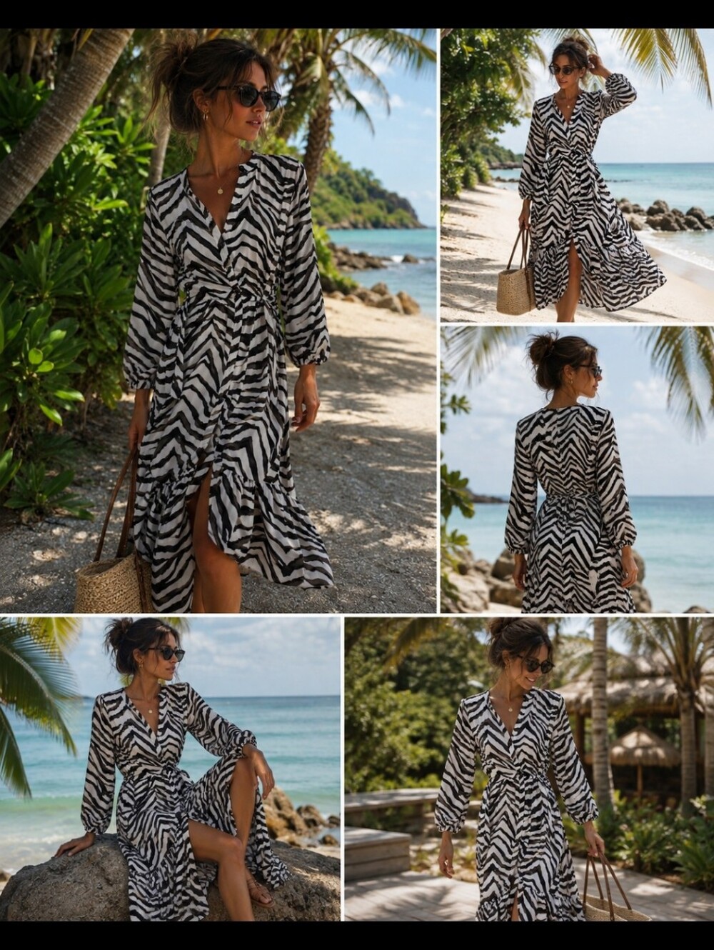 Banana Republic Black and White Wrap Dress with Bishop Sleeves